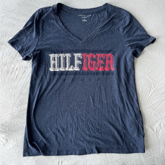 Tommy Hilfiger Dark Blue V-Neck Tee with Red and White Logo - Picture 1 of 3